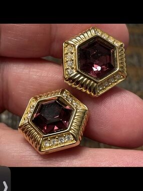 Rare SWAROVSKI Vintage Signed Swan Amethyst Hexagon Post Earrings - MINT